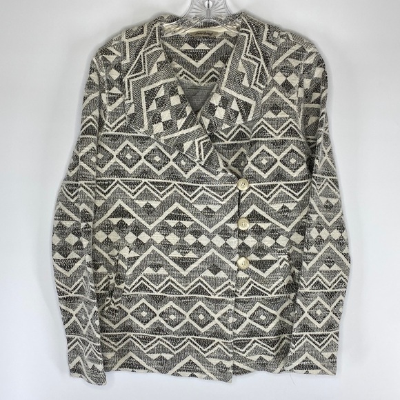 Lucky Brand Gray White Aztec Button Front Collard Long Sleeve Cardigan Medium - Picture 1 of 6